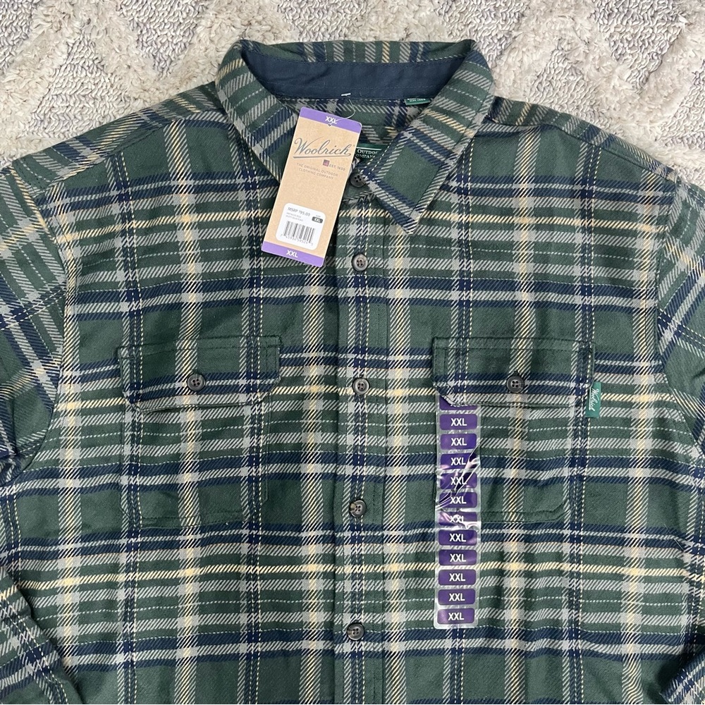 Woolrich Heavyweight Brawny Flannel Button Down Shirt Olive‎ $95 Men’s Size XXL